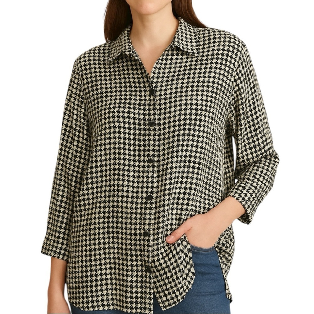 Black & White Houndstooth Button-Down Blouse, Oversized Fit, Classic Check Shirt